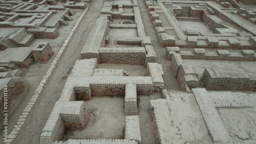 Aerial view of ancient brick ruins Mohenjo Daro