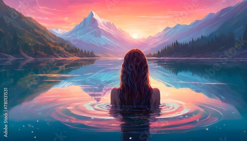 woman with long hair in a lake with crystal clear water. in the background there is a mountain at sunrise. ethereal and aesthetic ambient photo