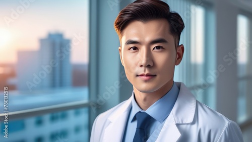 Chinese man doctor in a white coat with a sweet smile against the background of a hospital ward. The concept of modern medicine, health