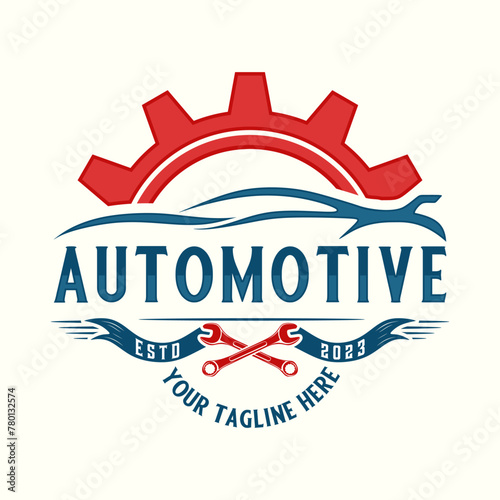 automotive logo. abstract car silhouette and gears car repair symbol
 photo