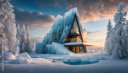triangular house is almost entirely covered in ice, with a few sections of glass windows showing. It sits in the middle of a snowy forest, with snow-covered trees surrounding it photo