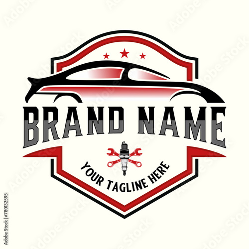 automotive logo. car in shield frame for auto repair business