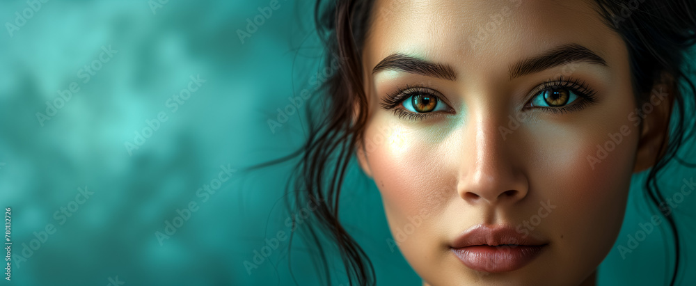 Close-up of a young woman with striking turquoise backdrop Close-up of a young woman with striking turquoise backdrop