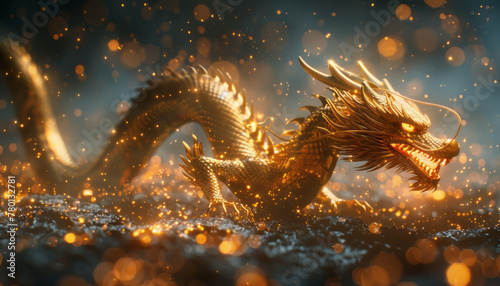 A golden dragon coiled around  curling sparkling lights generative ai