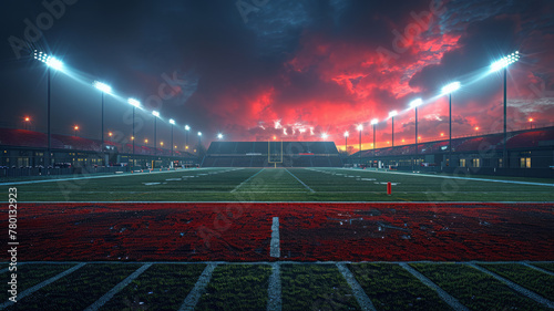a football stadium at night with beamlights on a huge green field,generative ai