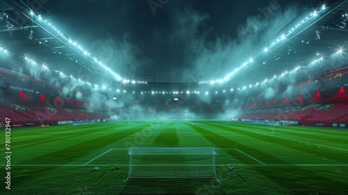 a football stadium at night with beamlights on a huge green field,generative ai