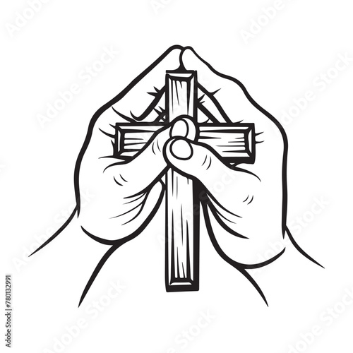 Praying hand holding cross religion church logo Vector Image