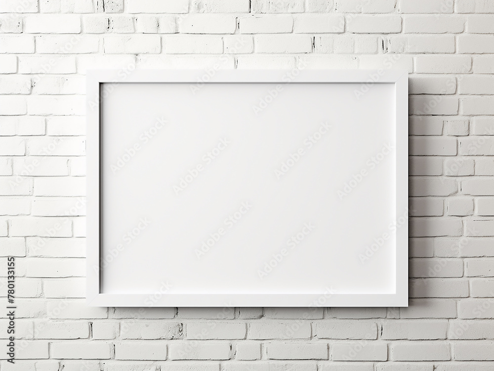 Clipping path photo frame sits on a white brick wall background