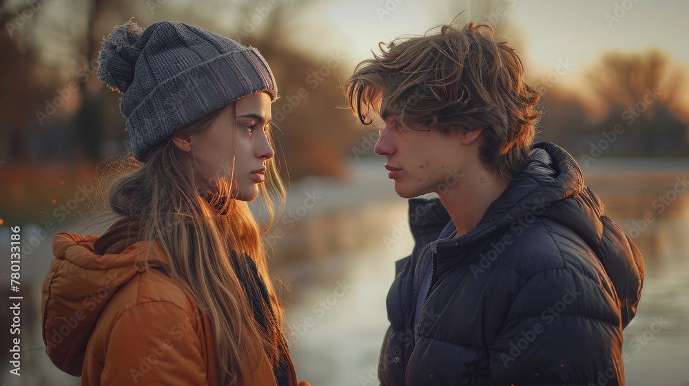 Fototapeta premium young man and young woman couple arguing with hands and arms gesticulating photorealistic,generative ai