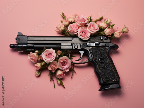 Pink background features a black gun paired with a bouquet