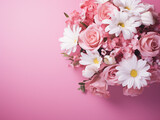 Pink and white flowers arranged against a pink backdrop, offering copy space