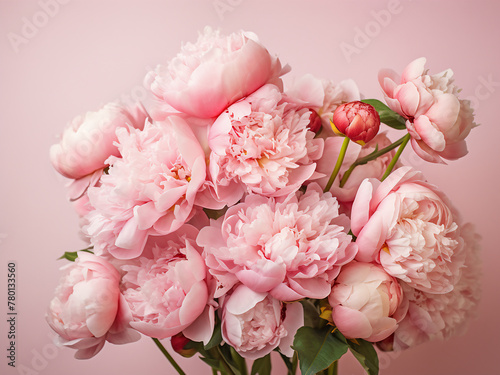 Peonies arranged on a pink background create a charming display
