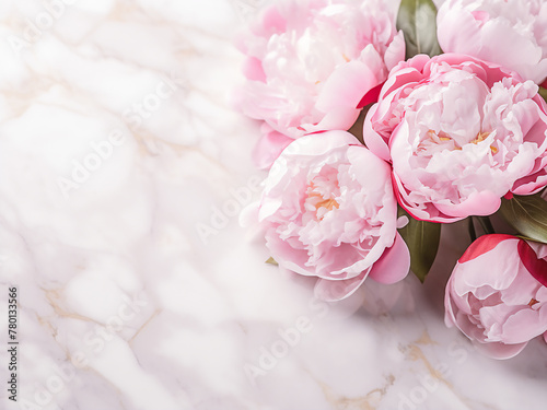 Peonies on marble background perfect for wedding flatlay designs