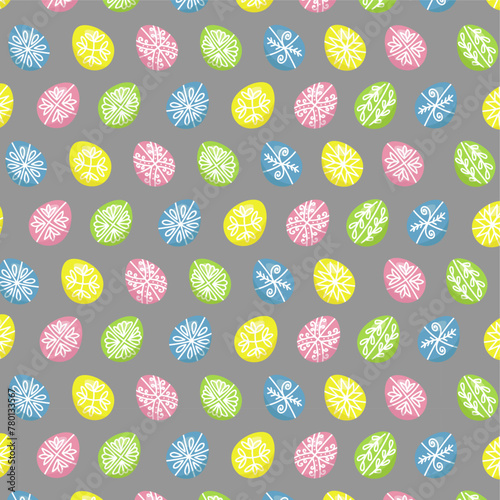 Seamless pastel pattern. Colored funny and beautiful holiday Easter eggs. Pattern on a gray background. Folk ornament. Yellow, blue, pink, green egg colors with white details.