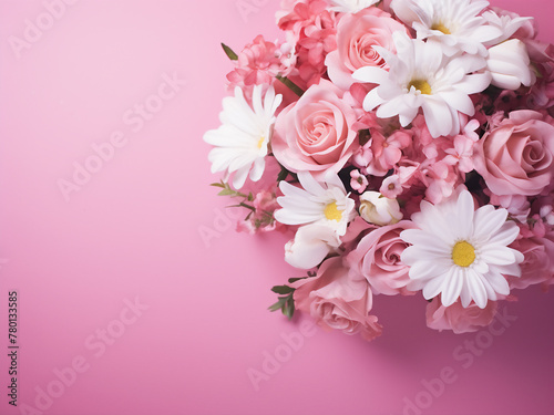 Pink and white flowers arranged against a pink backdrop, offering copy space © Llama-World-studio