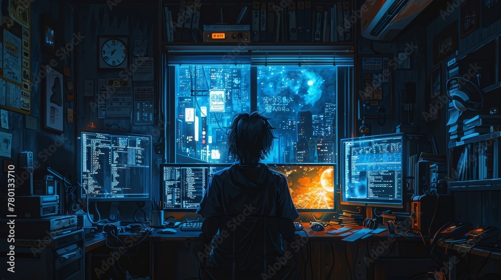 Cyberpunk-inspired artwork with a figure at a computer