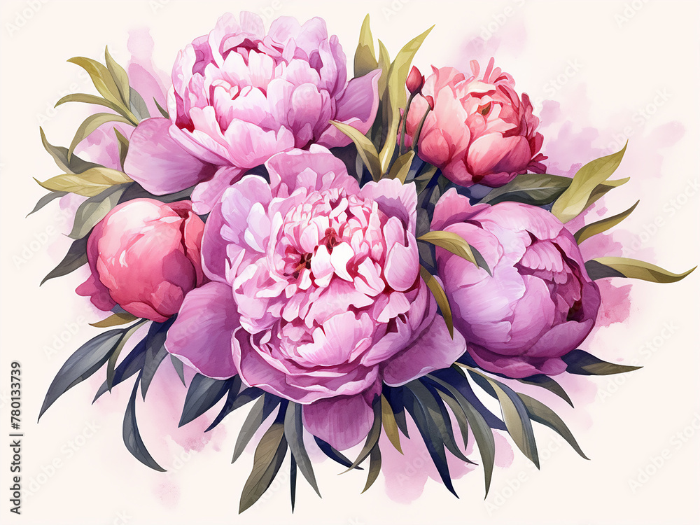 Top view showcases pink peonies against a purple backdrop