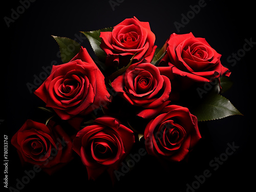 Red roses arranged against a black matte surface