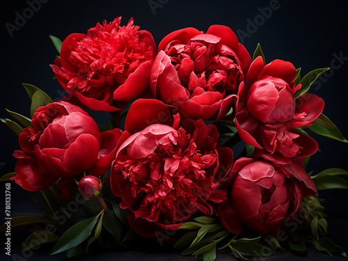 Red peonies arranged on a dark backdrop create a striking image © Llama-World-studio