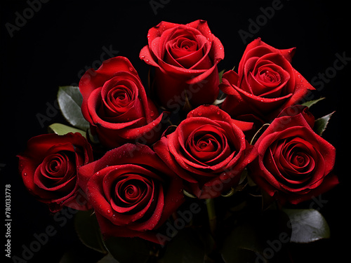 Bouquet of red roses presented on black matte background
