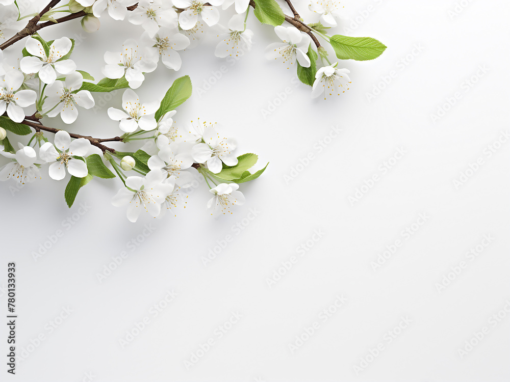 White apple tree branches against light gray, spring backdrop White apple tree branches against light gray, spring backdrop