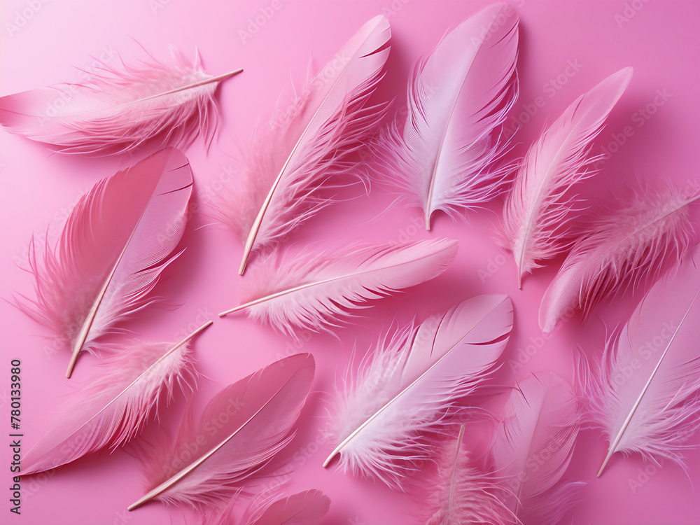 Fototapeta premium Vibrant feathers arranged neatly on a flat lay against a pink backdrop