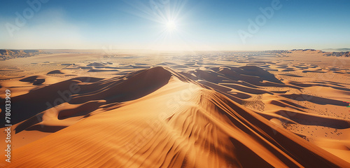 The dramatic expanse of a desert, with dunes rippling into the horizon under a blazing sun. 32k, full ultra hd, high resolution