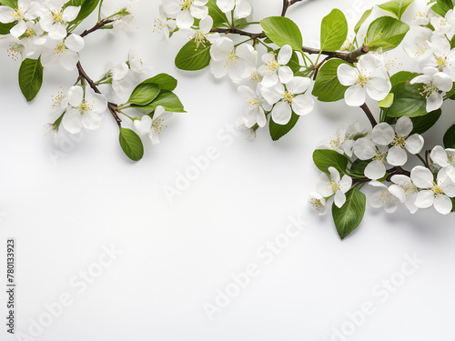 White apple tree branches on light gray  top view of spring scene