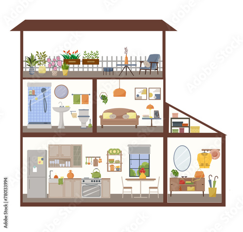 Multi-storey dollhouse. Sectional furnished rooms with furnishings. Hallway with hanger and mirror. Kitchen with furniture and utensils. Bathroom. Bedroom with sofa. Large terrace under the roof of