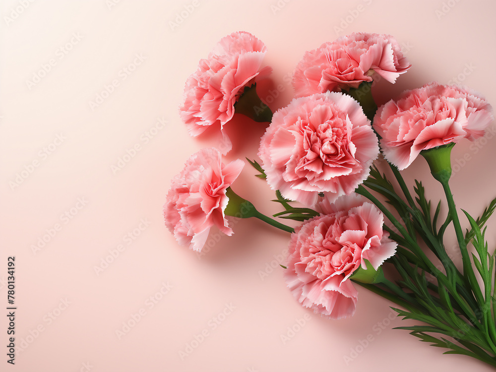 Mother's Day concept carnation bouquet on pastel pink backdrop, wide-angle banner