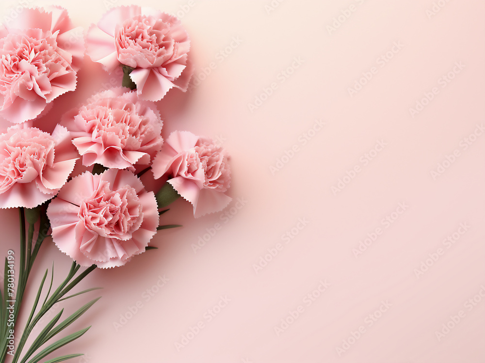 3D illustration of carnation bouquet on pastel pink background for Mother's Day card