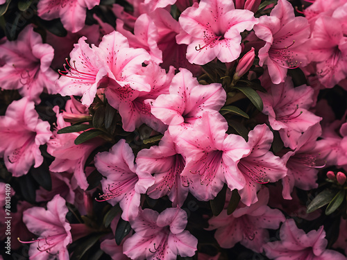 Dark-toned background featuring a bush of pink azalea flowers  ideal for wallpapers or banners