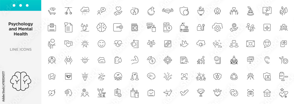 Psychology and mental line icons collection. UI icon set in flat line design. Containing depression, bipolar, PTSD, panic and mind disorder icons. Thin outline icons pack