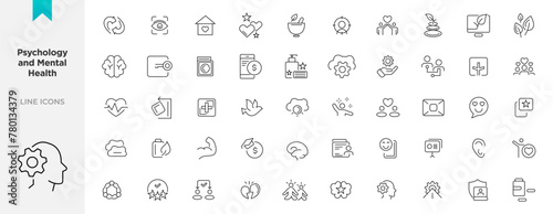Psychology and mental line icons collection. UI icon set in flat line design. Containing depression, bipolar, PTSD, panic and mind disorder icons. Thin outline icons pack