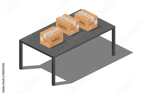 isometric post mail parcel cardboard box packages on black table vector flat illustration