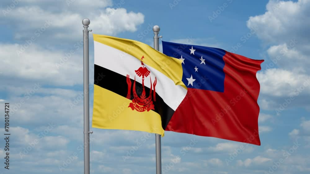 Samoa and Brunei two flags waving together, looped video, two country cooperation concept Samoa and Brunei two flags waving together, looped video, two country cooperation concept