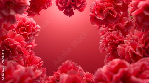 Red carnations for Mother's Day on a red background. Frame made of carnations. Design holiday greeting.