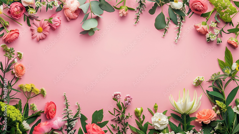 Banner image of beautiful flowers on pink background with copy space.