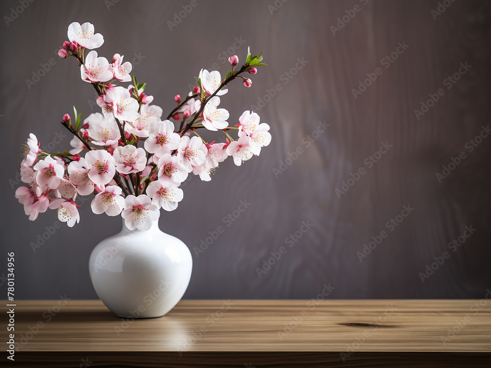 Wooden table hosts a vase of cherry blossoms, offering copy space
