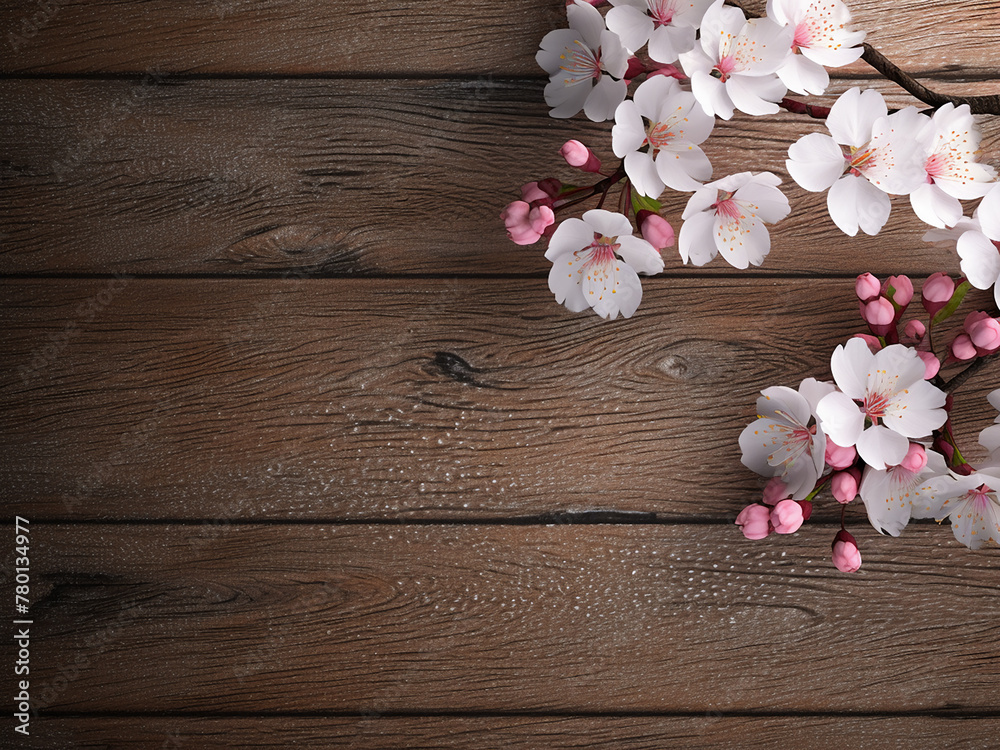 Wooden background adorned with cherry blossoms