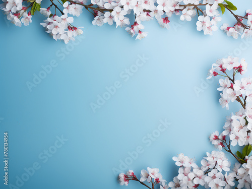 Copy space available amidst cherry blossom frame on a blue background © Llama-World-studio