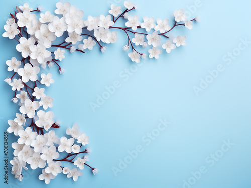 Cherry blossom frame provides ample copy space against a blue background