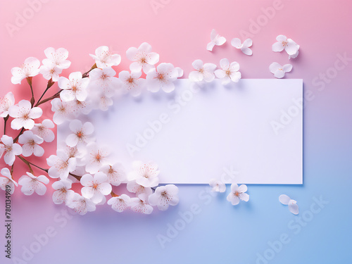Holiday card design features a cherry twig on a pink and blue backdrop with neon light