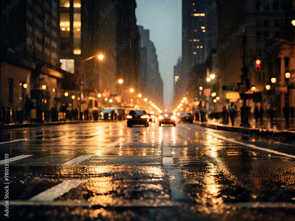 A city street is drenched by heavy rain in a downpour