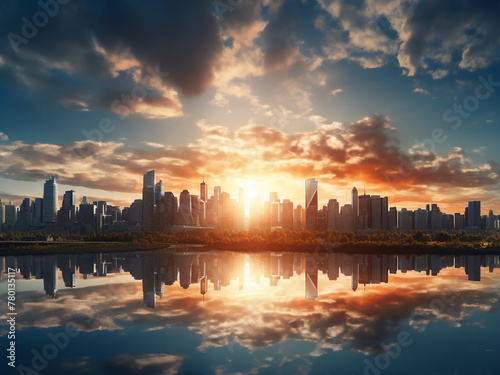Sunrise depicted over the cityscape in EPS 10 vector format