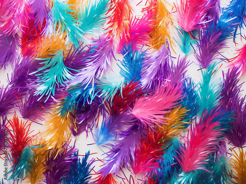 Flat lay showcasing colored tinsel design against white backdrop