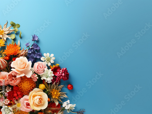 Colorful faux blooms arranged on a blue background, perfect for text photo