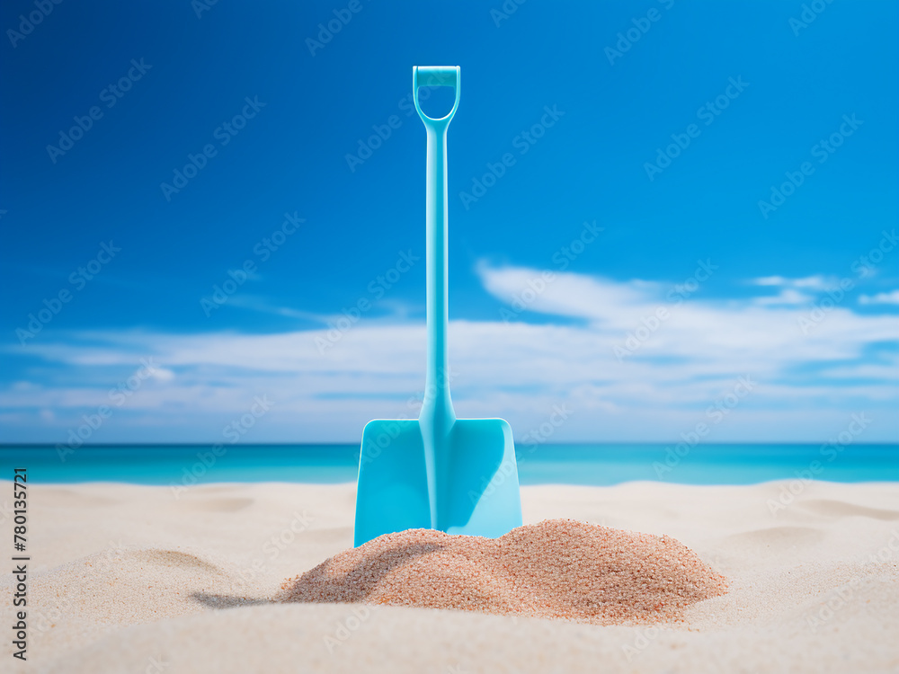 Colorful plastic sand shovels stand out on a blue backdrop Colorful plastic sand shovels stand out on a blue backdrop