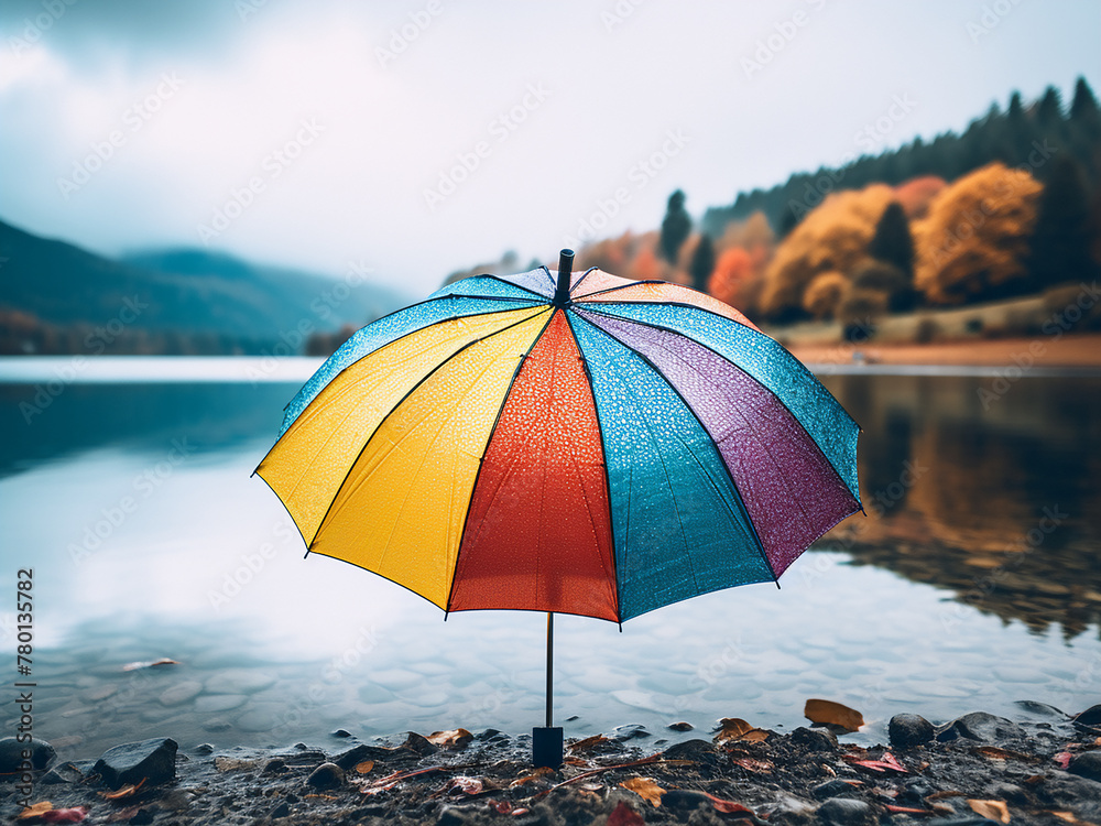Vibrant umbrella against a rain-drenched lake backdrop