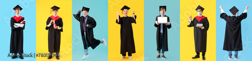 Set of male graduating students on yellow and blue backgrounds